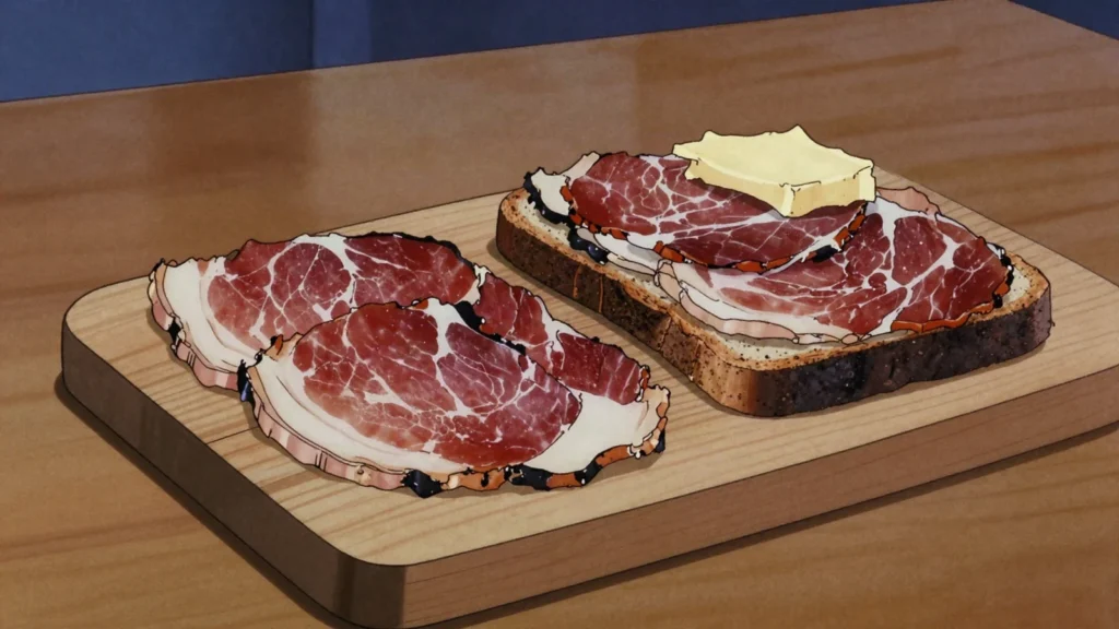Schwarzwälder Schinken, black Forest ham, dry-cured and cold-smoked over fir, Germany charcuterie & cured, anime style