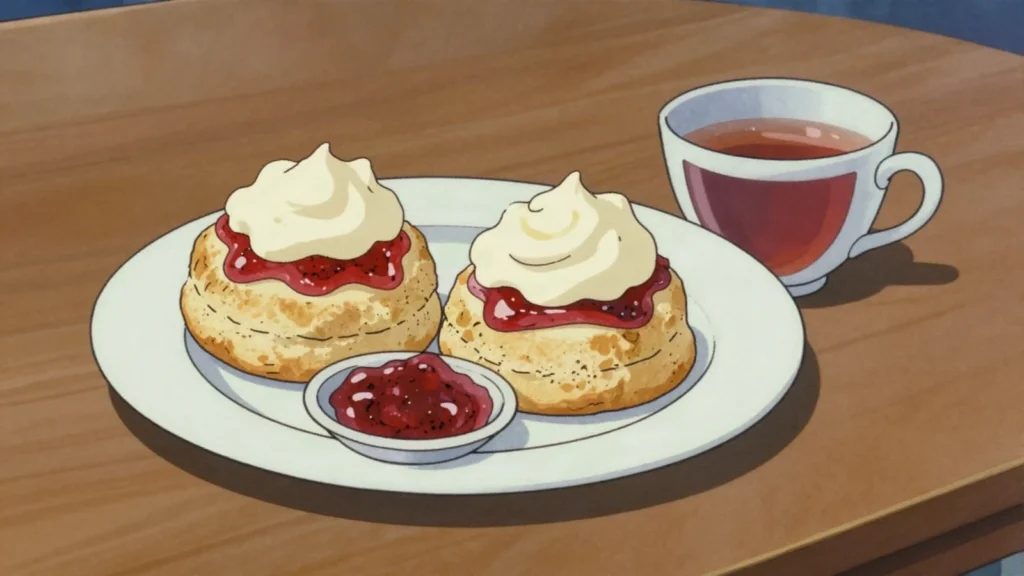 Scone, small quick bread split with clotted cream and jam, United Kingdom bread & pastry, anime style
