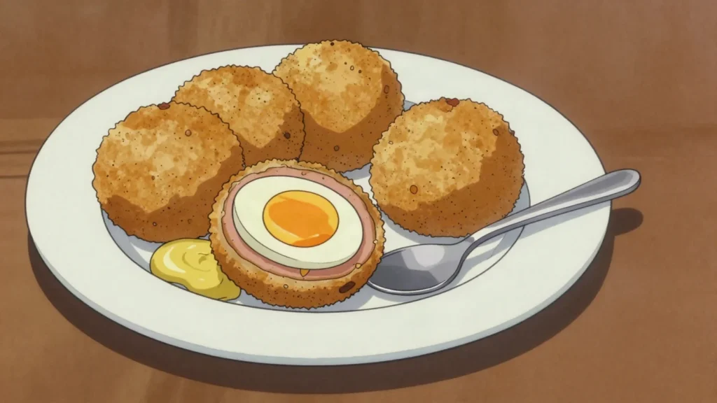 Scotch egg, sausage-wrapped boiled egg, breaded and fried, United Kingdom snack, anime style