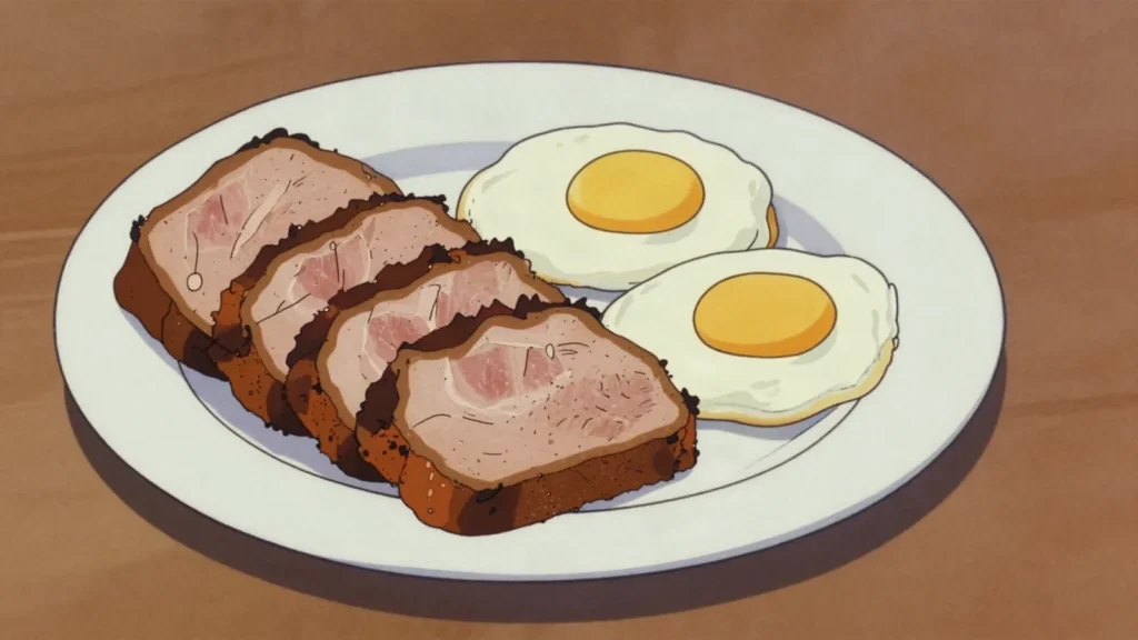 Scrapple, loaf of pork scraps and cornmeal, sliced and fried crisp for breakfast, United States breakfast, anime style