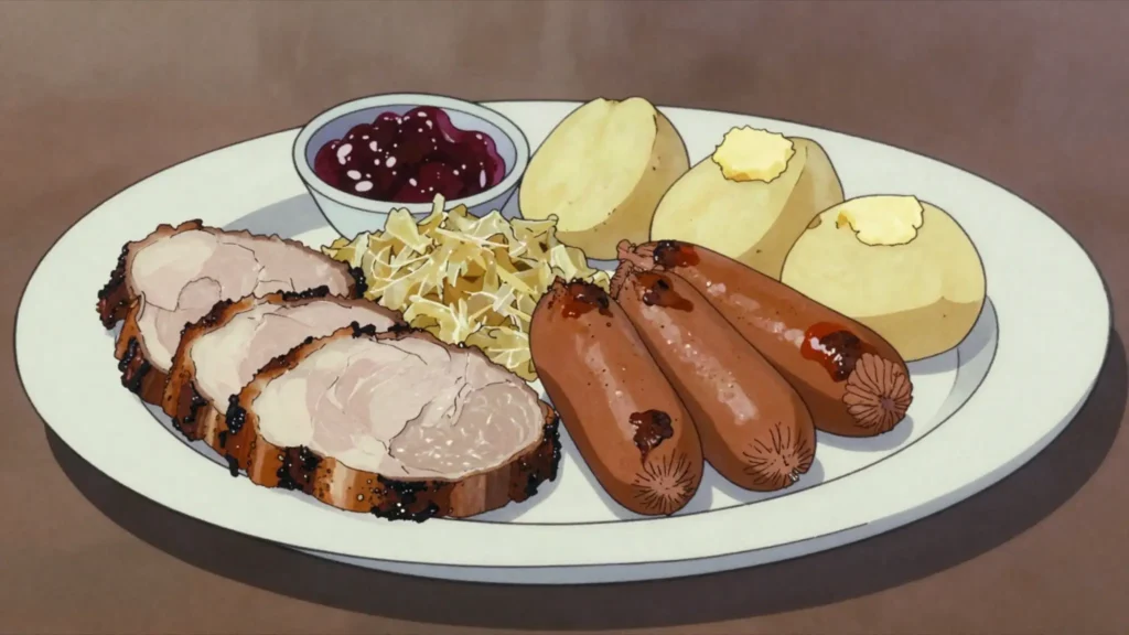 Seapraad hapukapsaga, roast pork with sauerkraut, blood sausage and boiled potatoes, Estonia main, anime style