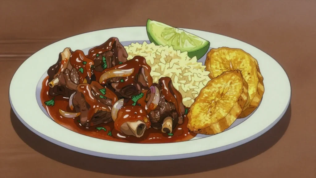 Seco de chivo, goat braised with naranjilla and beer, yellow rice alongside, Ecuador main, anime style