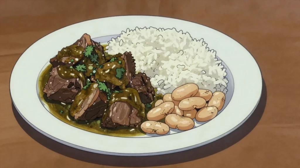 Seco de cordero, lamb braised in cilantro-chicha sauce with beans and rice, Peru main, anime style