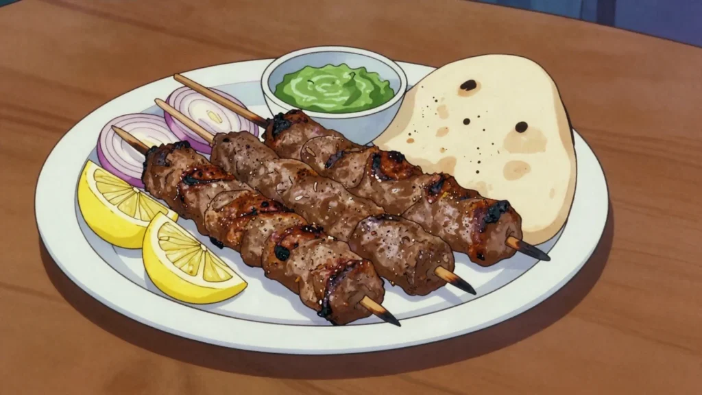 Seekh Kebab, charcoal-grilled skewers of spiced minced meat with naan and chutney, Pakistan main, anime style