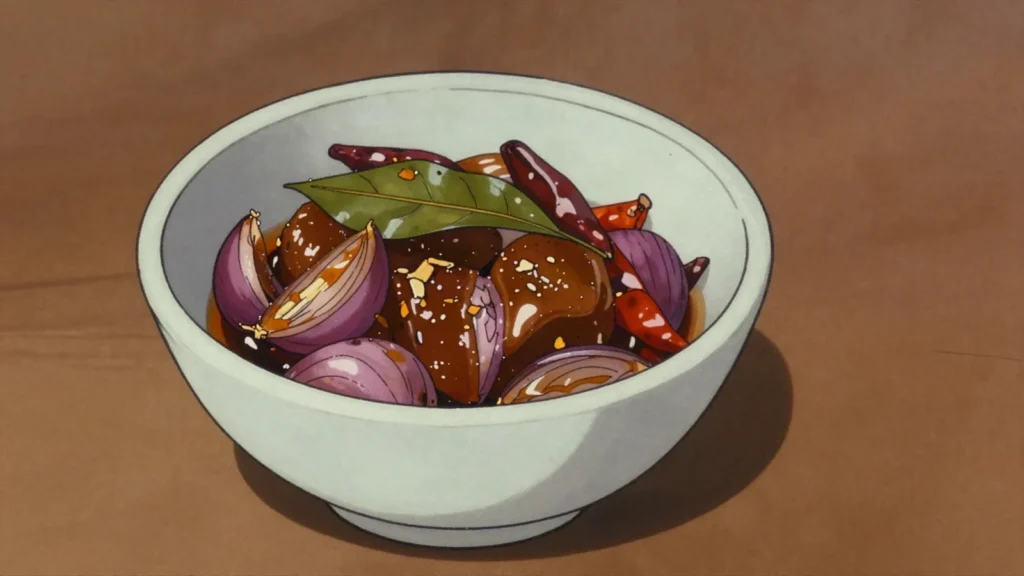 Seeni Sambol, onions caramelised with chilli, maldive fish and tamarind into a, Sri Lanka sauce & condiment, anime style