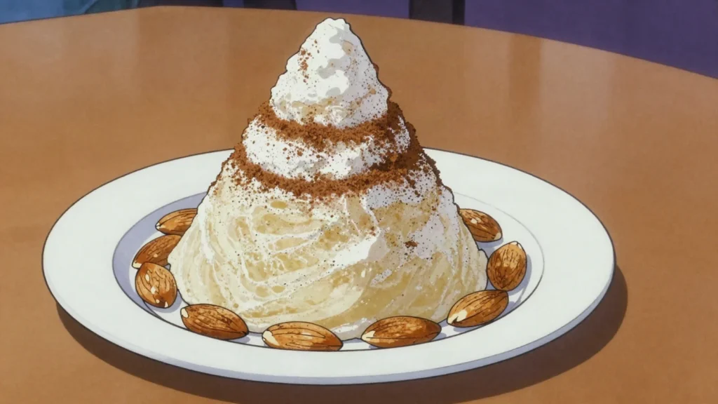 Seffa, steamed vermicelli mounded with cinnamon, sugar and almonds, often hiding chicken, Morocco main, anime style