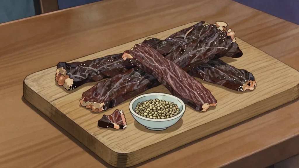 Segwapa, strips of beef or game salted, spiced and air-dried in the desert wind, Botswana charcuterie & cured, anime style