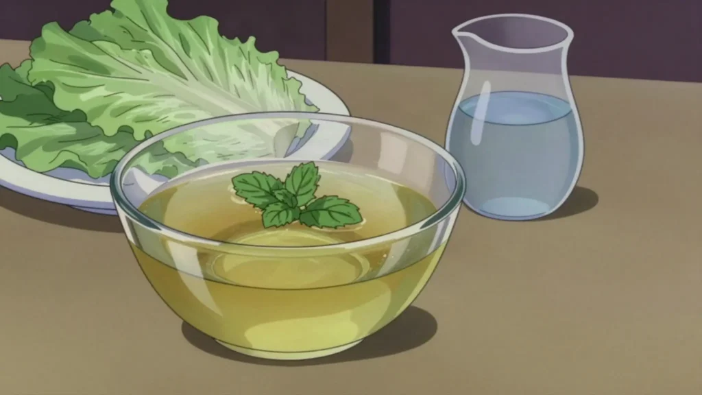 Sekanjabin, mint syrup of honey and vinegar, diluted with water and scooped with lettuce, Iran drink, anime style