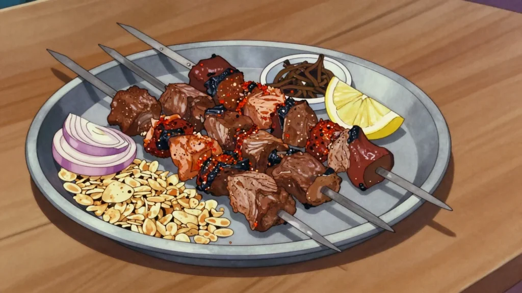 Sekuwa, char-grilled skewered meat marinated in Nepali spices, Nepal street food, anime style