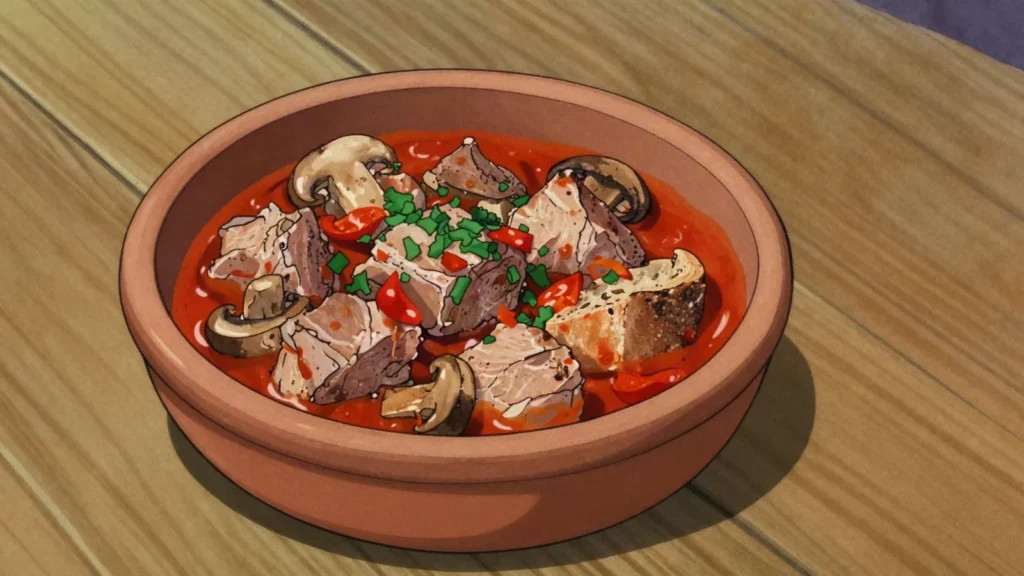 Selsko meso, village-style pork and mushrooms stewed in clay pot, North Macedonia main, anime style