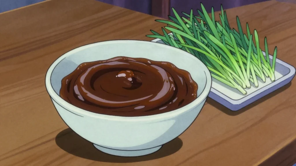Semeni, sweet dark paste of sprouted wheat, cooked overnight for Nowruz, Turkmenistan dessert, anime style