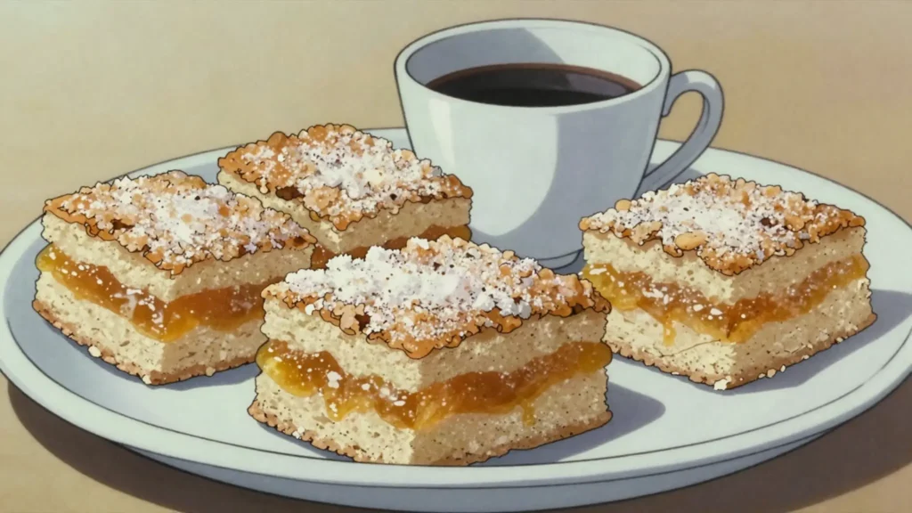 Semita de piña, layered shortbread pastry filled with pineapple jam, cut in squares, El Salvador bread & pastry, anime style