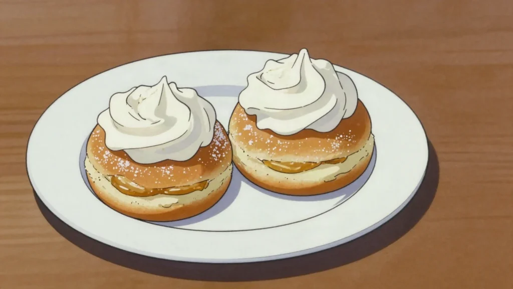 Semla, cardamom bun stuffed with almond paste, whipped cream; Lent, Sweden dessert, anime style