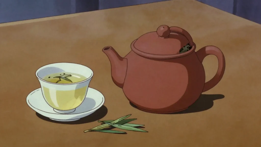 Sencha, steamed green leaf tea, grassy and slightly astringent, Japan's everyday cup, Japan drink, anime style