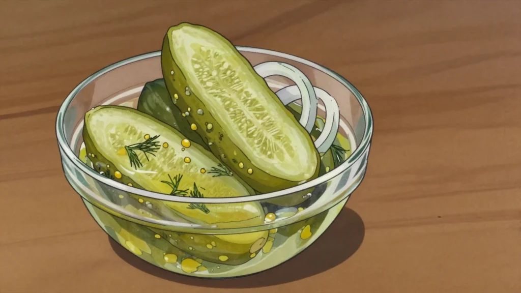 Senfgurken, peeled cucumber chunks pickled with mustard seed, dill and onion, Germany fermented & pickled, anime style