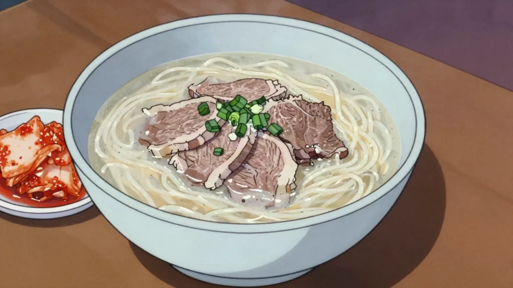 Seolleongtang, milky ox-bone broth with brisket and noodles, seasoned at the table, South Korea soup & stew, anime style