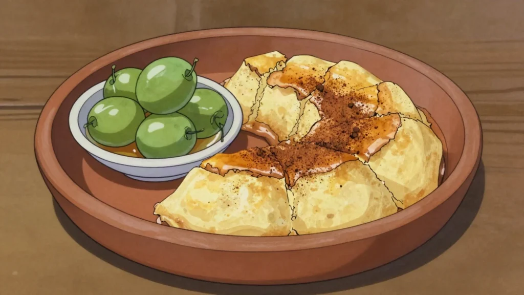 Sericaia, baked cinnamon egg pudding cracked on top, served with Elvas candied plums, Portugal dessert, anime style