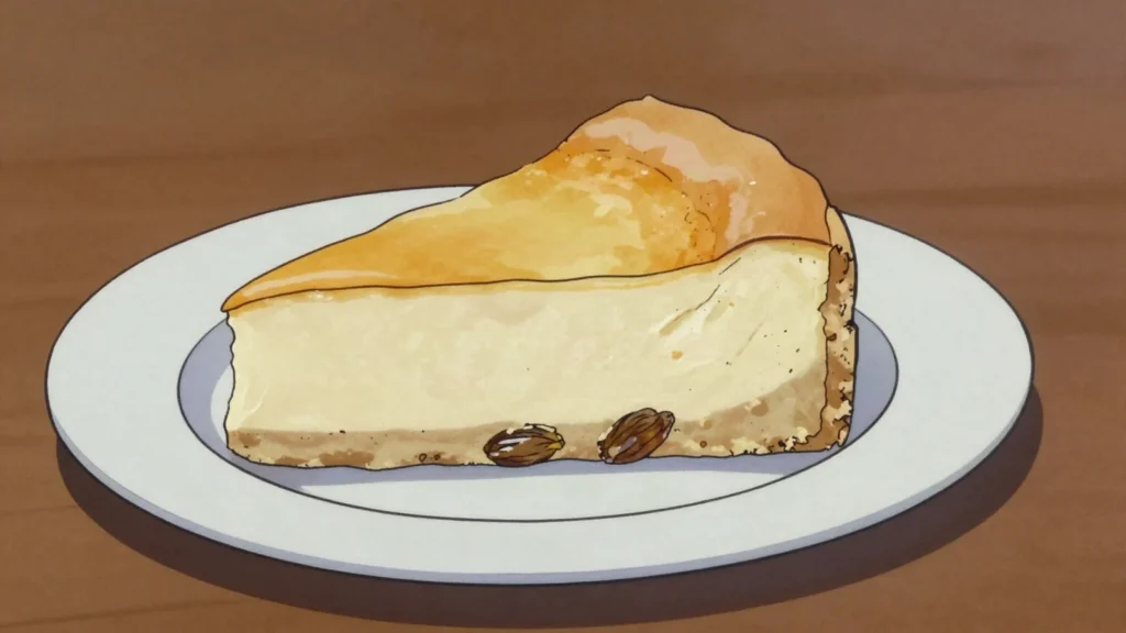 Sernik, velvety baked cheesecake of twaróg curd, sometimes raisins, Poland dessert, anime style