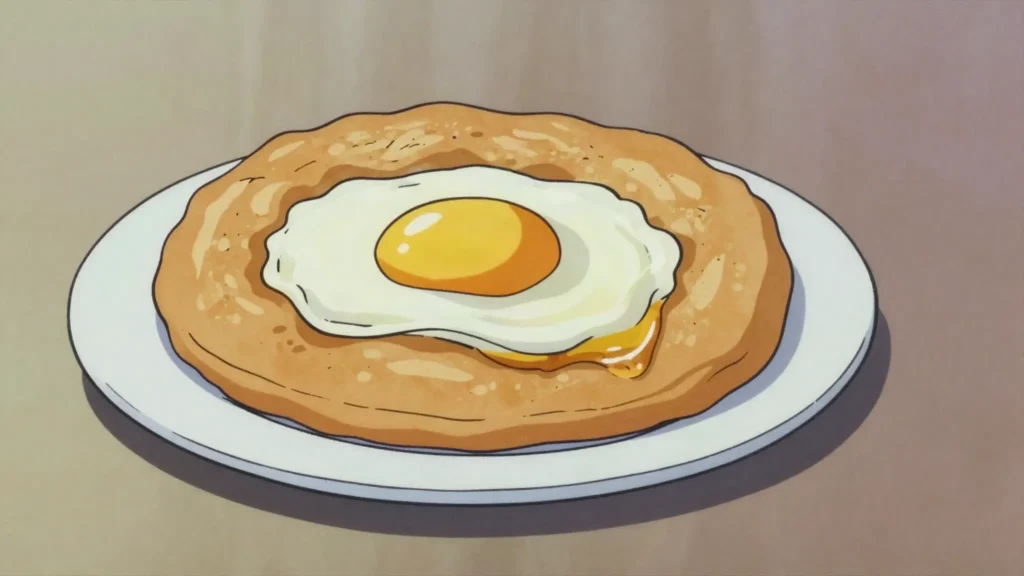 Sfinz, yeasted fried dough disc with an egg cracked onto it, eaten with honey, Libya breakfast, anime style