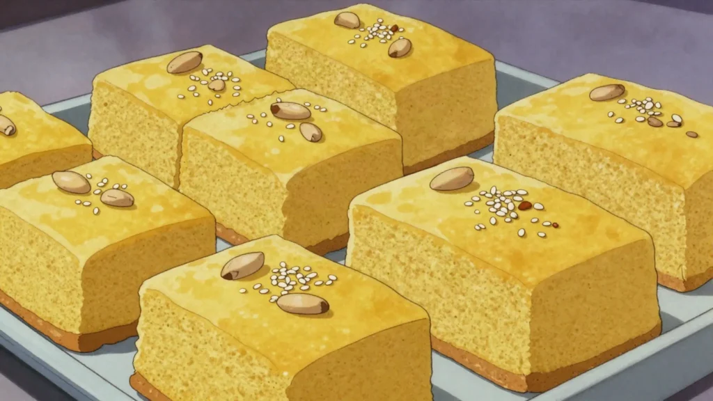 Sfouf, golden turmeric-semolina cake studded with pine nuts, Lebanon dessert, anime style