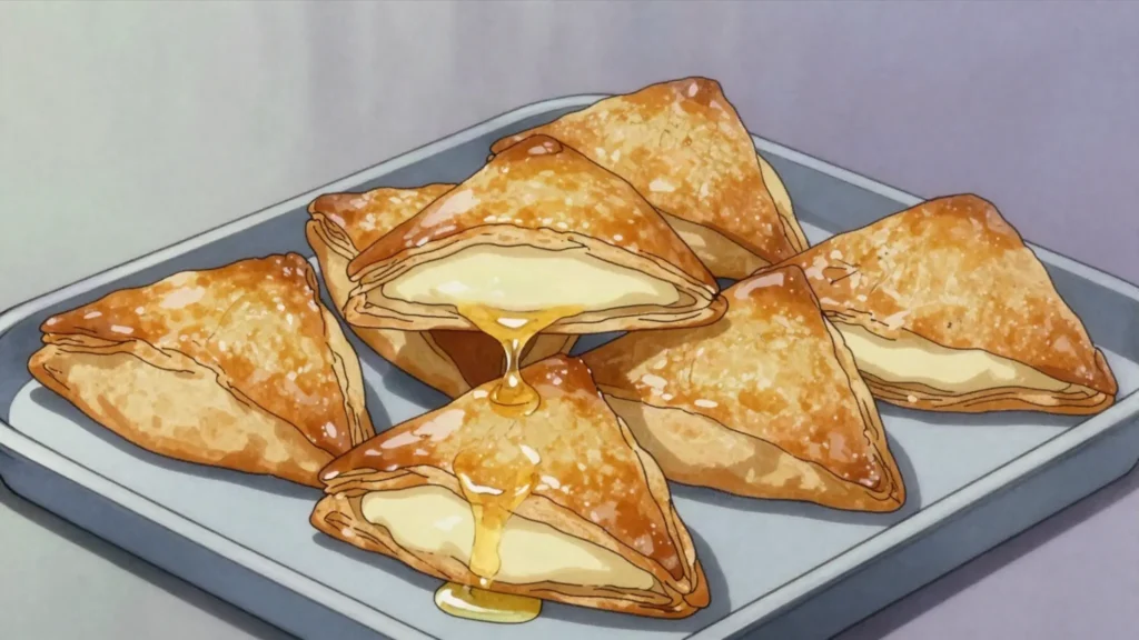 Sh'aybiyat, filo triangles filled with sweet cream, fried and soaked in syrup, Kuwait dessert, anime style