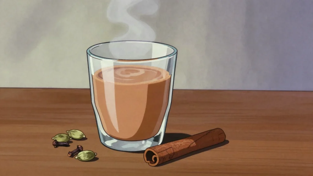 Shaah cadays, milky spiced tea with cardamom and cloves, Somalia drink, anime style
