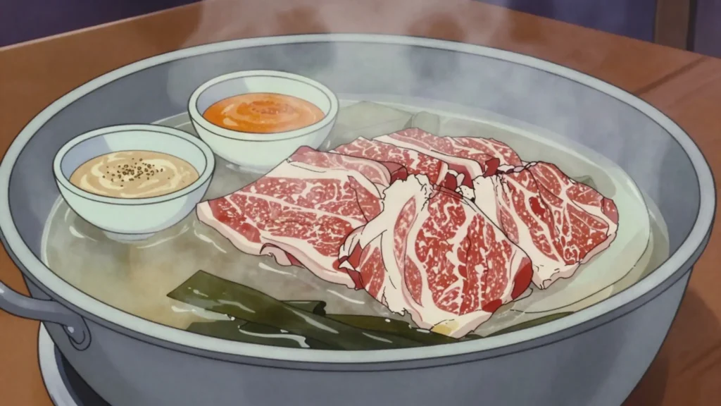 Shabu-shabu, paper-thin beef swished through kombu broth, dipped in ponzu or sesame, Japan main, anime style