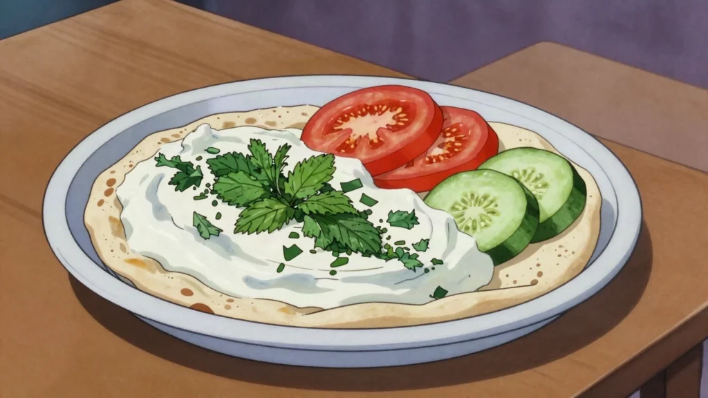 Shafut, lahoh soaked in minty spiced buttermilk, served cold, Yemen salad & side, anime style