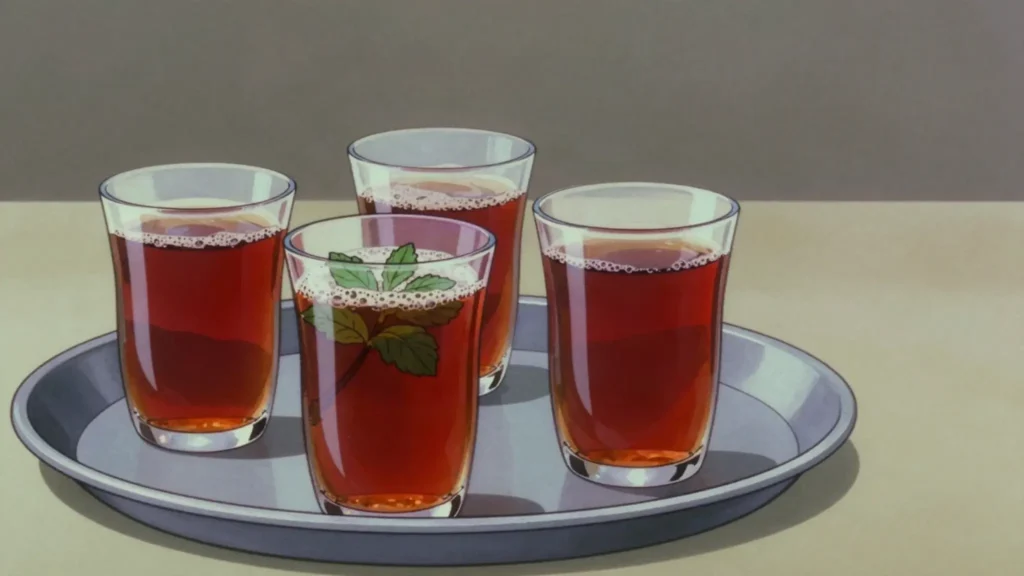 Shai, strong sweet tea, often with mint, closing every meal, Chad drink, anime style