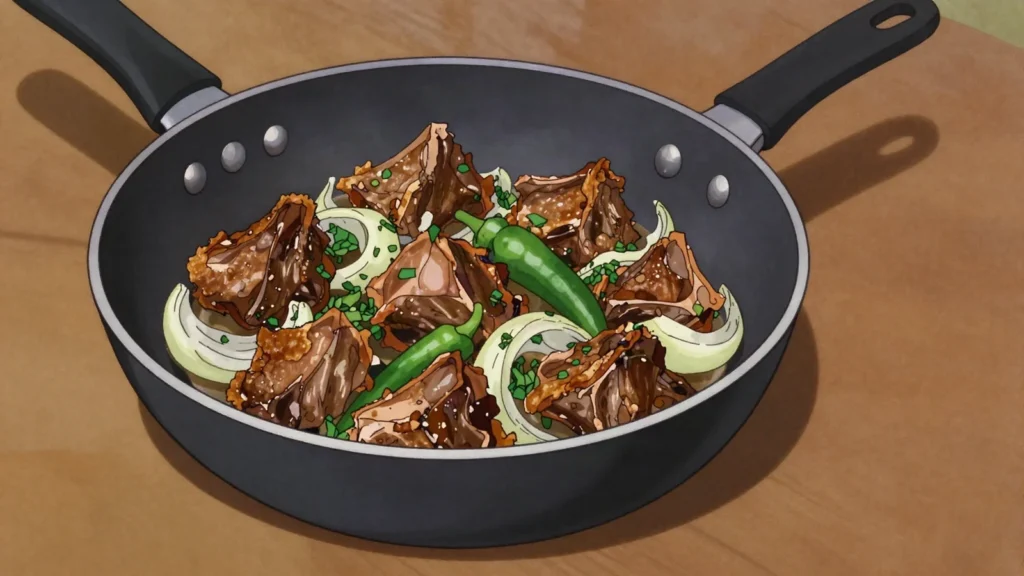 Shaiyah, pan-fried chunks of lamb or goat with onion and chili, South Sudan main, anime style