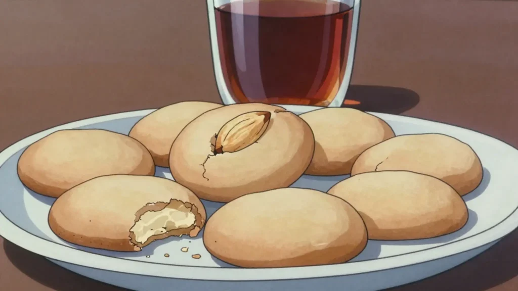 Shakar lama, crumbly cardamom shortbread cookies eaten with tea at Eid, Iraq dessert, anime style