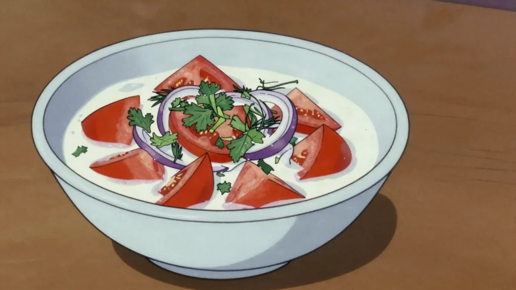 Shakarob, tomato, onion and herb salad dressed with sour milk, Tajikistan salad & side, anime style