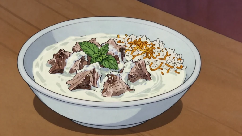 Shakriyeh, lamb simmered in warm cooked yogurt, ladled over rice, Syria soup & stew, anime style