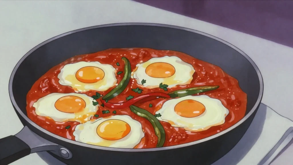 Shakshouka, eggs poached in a spiced tomato and pepper sauce, eaten from the pan, Libya breakfast, anime style