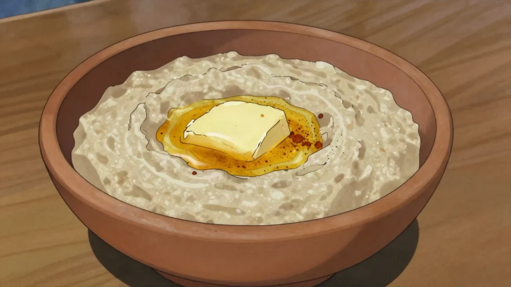 Shameta, thick fermented porridge of barley or maize enriched with butter and milk, Ethiopia fermented & pickled, anime style