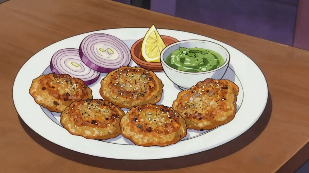 Shami Kebab, shallow-fried patties of minced meat and chana dal, Pakistan snack, anime style