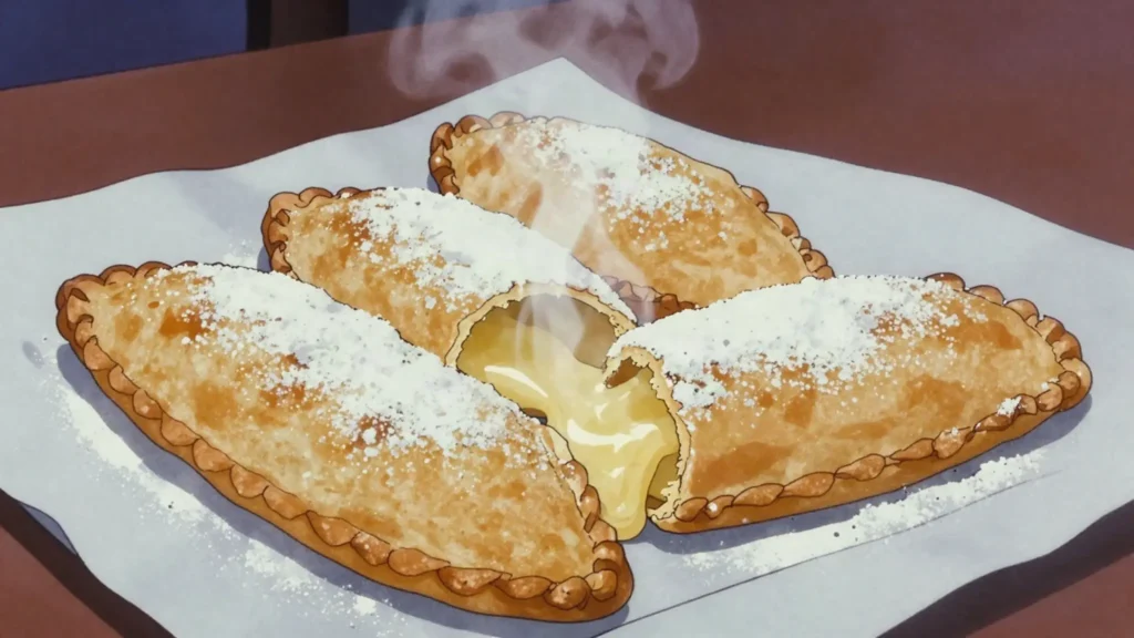Shamishi, fried pastry pockets of semolina custard, sugared and eaten hot, Cyprus street food, anime style
