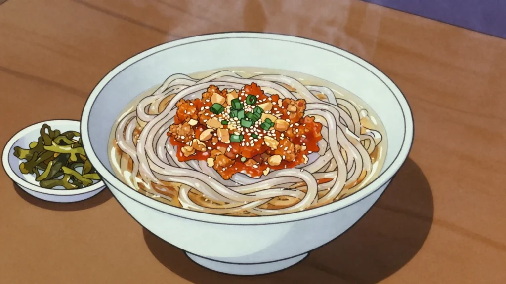 Shan Noodles, rice noodles with garlicky chicken-tomato sauce and pickled greens, Myanmar main, anime style