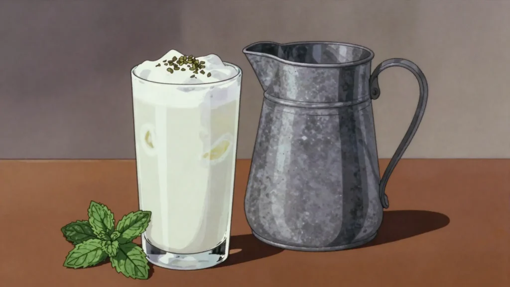 Shanineh, salted buttermilk drink shaken with ice, served with heavy meals, Jordan drink, anime style