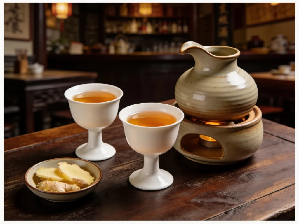 Shaoxing Wine, amber rice wine from Zhejiang, drunk warm and used in nearly every braise, China wine & spirit, anime style
