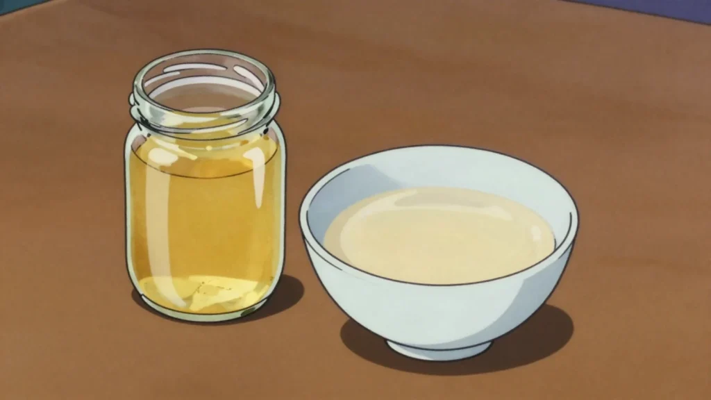 Shar Tos, clarified yellow butter rendered from cream; stirred into tea and dough, Mongolia cheese & dairy, anime style