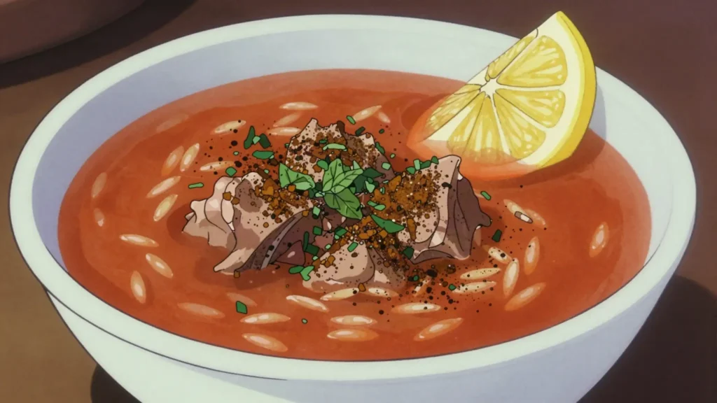 Sharba libiya, lamb, orzo, tomato and dried-mint Ramadan soup, dusted with bzar spice, Libya soup & stew, anime style