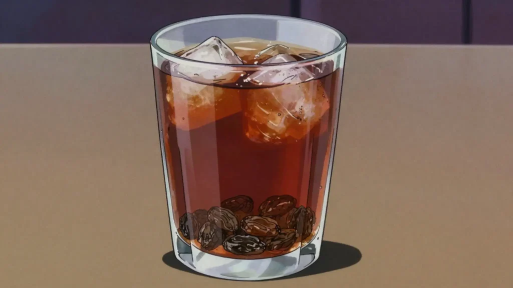 Sharbat zabib, dark raisin infusion, sweet and cooling, served iced in Ramadan, Iraq drink, anime style