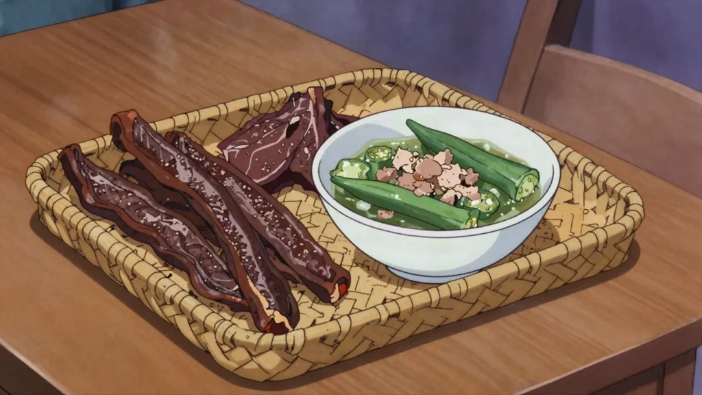 Sharmout, strips of beef or goat sun-dried to leather, then pounded into soups, South Sudan charcuterie & cured, anime style