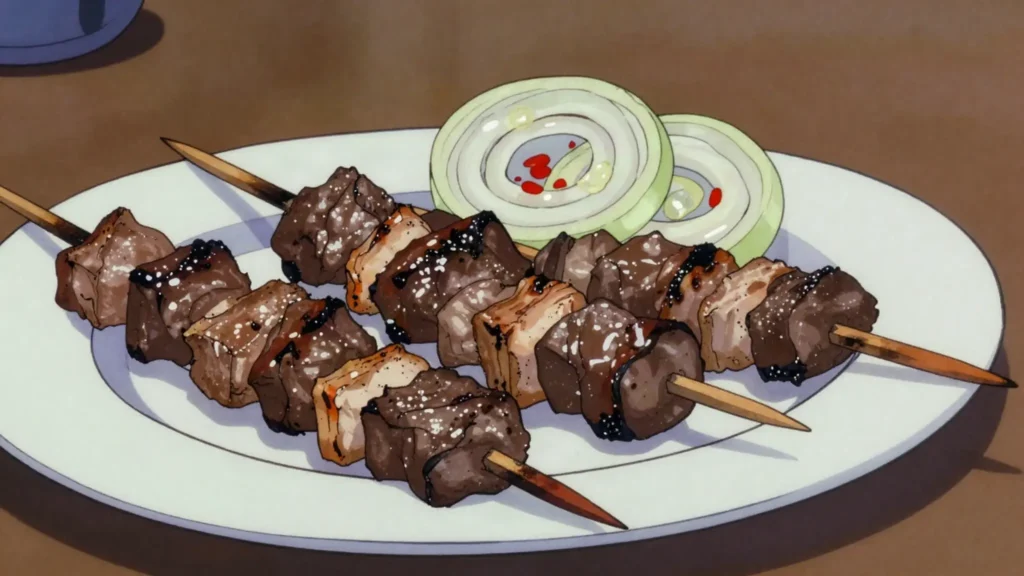 Shashlyk, skewers of mutton and fat grilled over coals with onion and vinegar, Kyrgyzstan street food, anime style