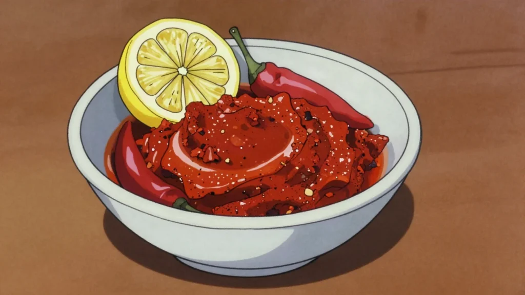 Shata, fierce chili and garlic paste spooned onto ful, meat and kisra, South Sudan sauce & condiment, anime style