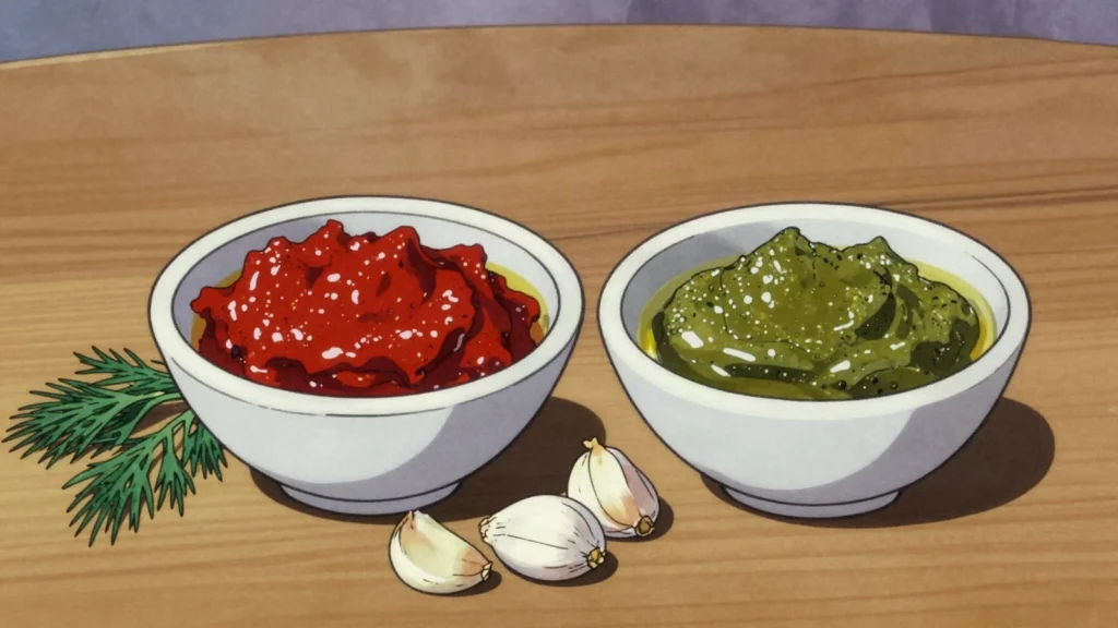 Shatta, fiery red or green chilli paste fermented with salt, dill and garlic, Palestine fermented & pickled, anime style