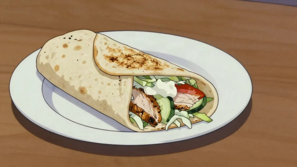 Shaurma, grilled meat shaved into flatbread with cabbage, sauce and pickles, Russia street food, anime style