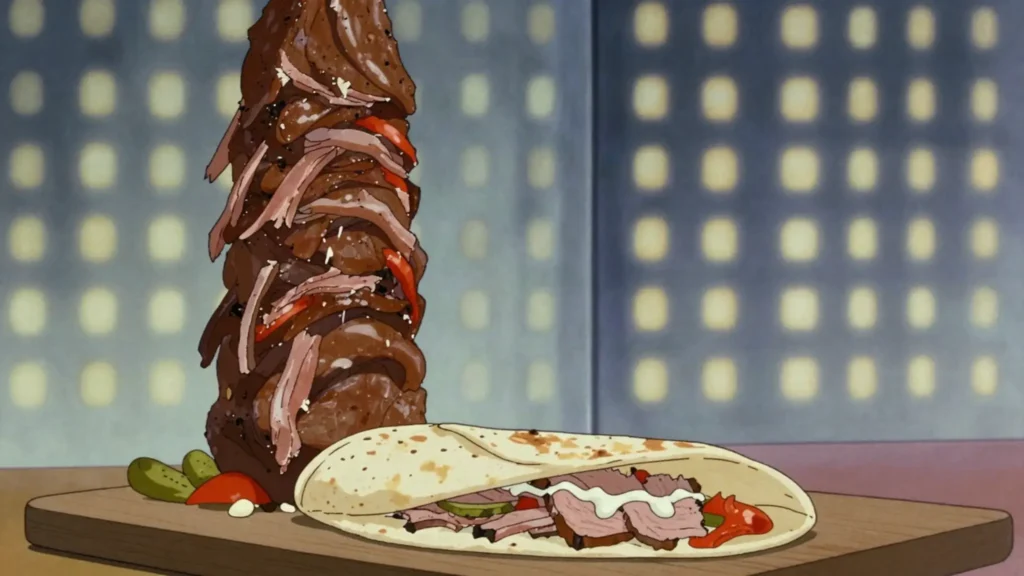 Shawarma, stacked marinated meat shaved from a vertical spit into thin bread with garlic, Jordan street food, anime style