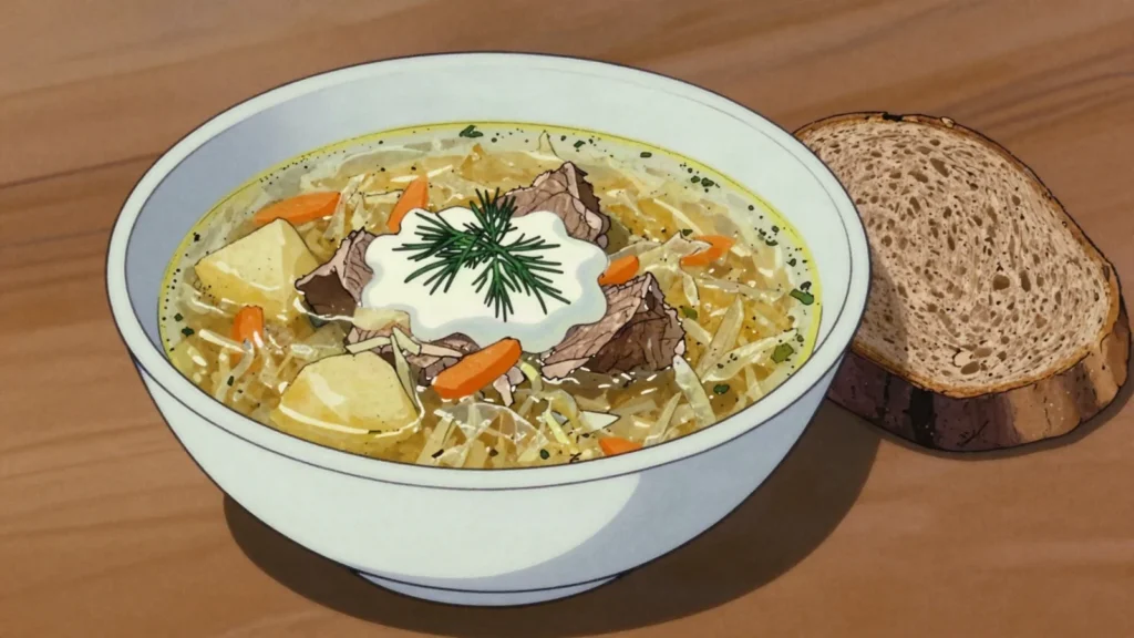 Shchi, cabbage or sauerkraut soup, ancient everyday staple, Russia soup & stew, anime style